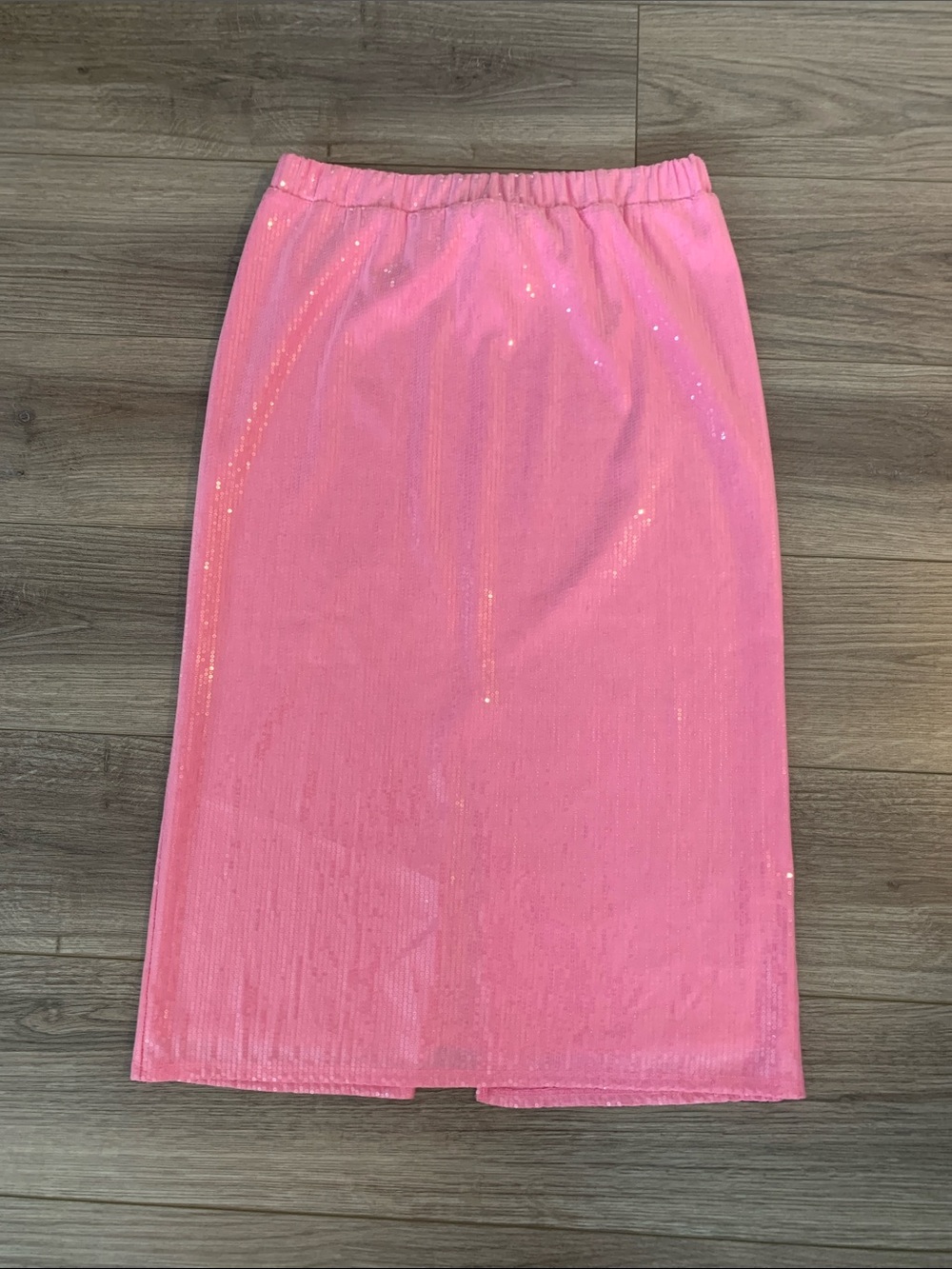 Pink Sequin Pencil Skirt - Sleek Elastic Waist